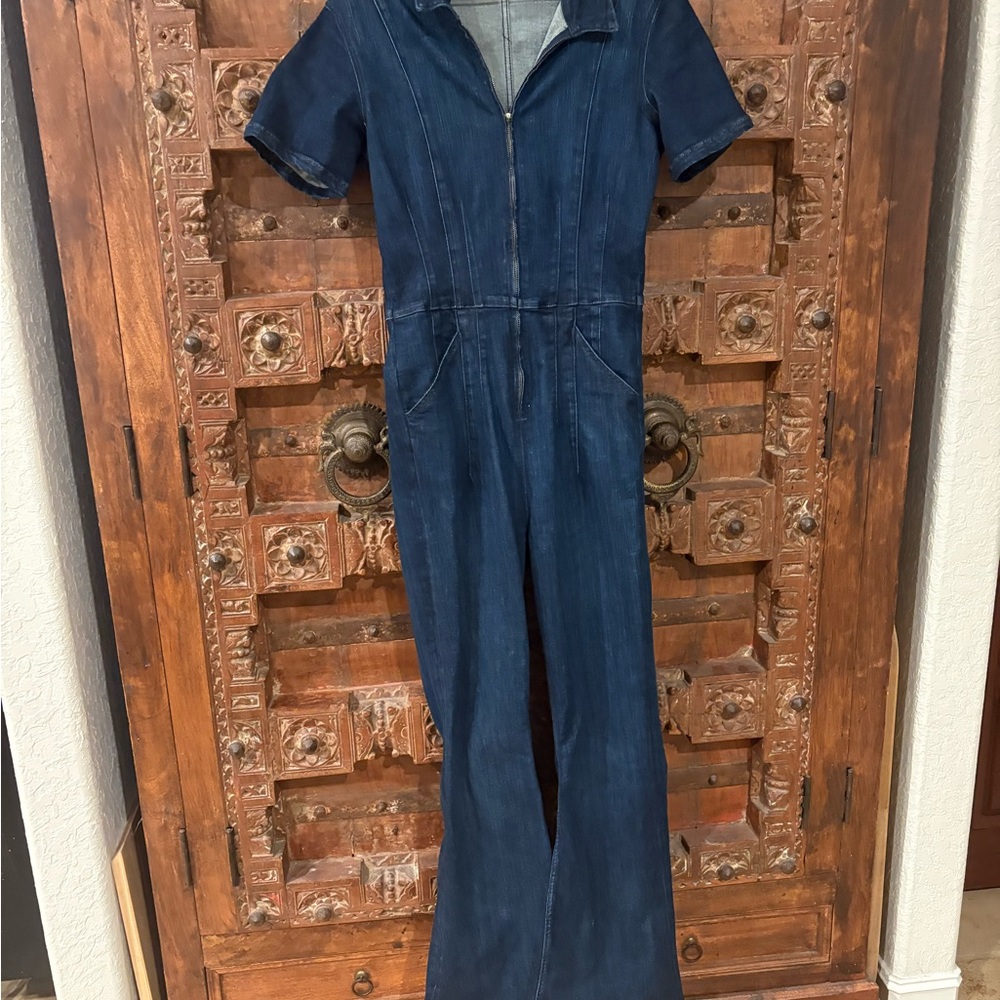 Free People Jayde Denim Flares Jumpsuit, size Large, color: Night Sky (dark)